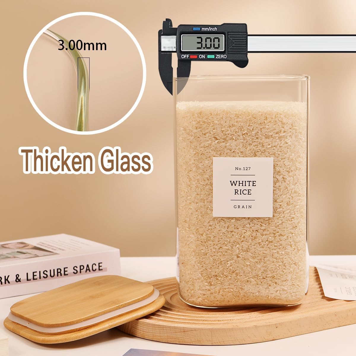 2 Pack large Square Glass Flour and Sugar Containers with 132 Kitchen Pantry Labels - 149 floz & 71 floz - Glass Jars with Airtight Bamboo Lid - Glass Rice Canisters for Coffee, Pasta, Cookie, Cereal