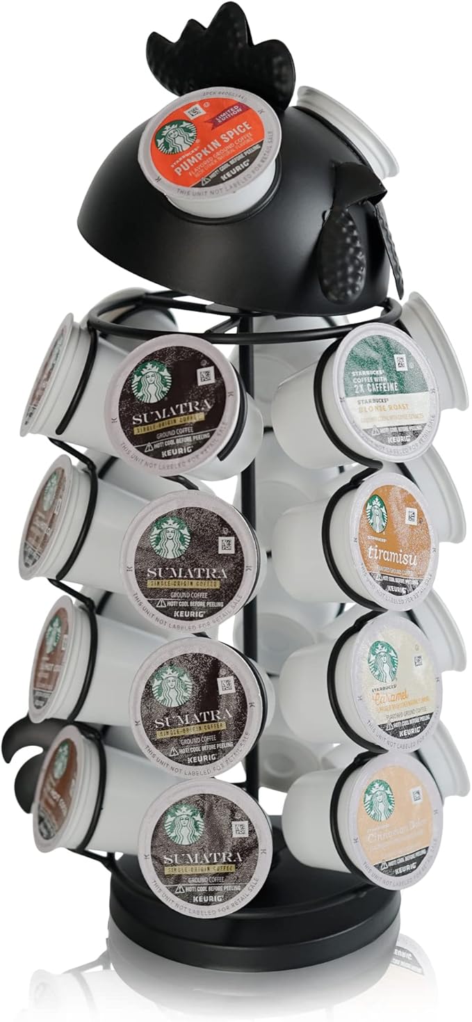 Made Easy Kit Carousel Coffee Pod Holder, Compatible with Keurig K-Pods K-Cups, Countertop Rack Storage Organizer, Metal Home and Kitchen Decor, Capsule Café Station Bar (Small, Black Rooster)
