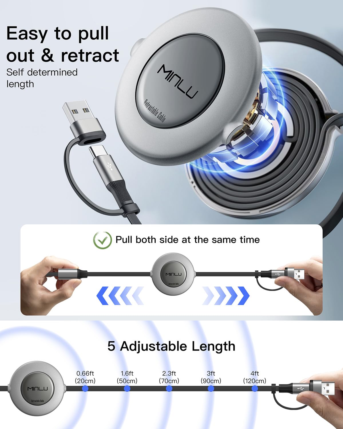 USBA/C Multi Charging Cable, Retractable Chargers for All Devices, 2Pcs 4Ft