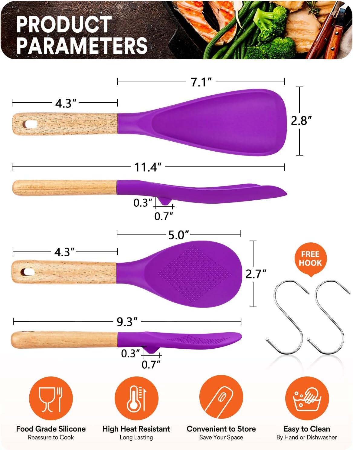 Cooking Spoon and Rice Scooper for Nonstick Cookwares, Great for Cooking and Serving Sturdy BPA-Free Matte Silicone, Wood Handle Spoon for Mixing, Scoop, and Scrape (BERRY)