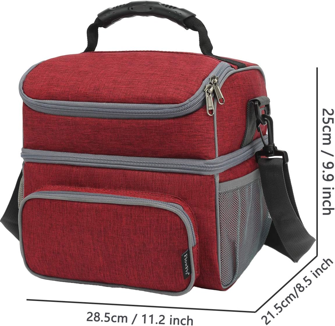FlowFly Double Layer Cooler Insulated Lunch Bag Adult Lunch Box Large Tote Bag for Men, Women, With Adjustable Strap,Front Pocket and Dual Large Mesh Side Pockets