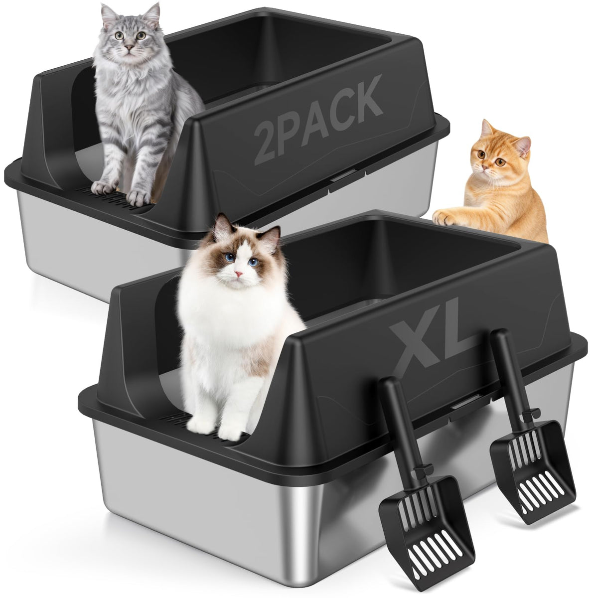 Tevila 2 Pack XL Stainless Steel Litter Box with High Sides for Large Cat