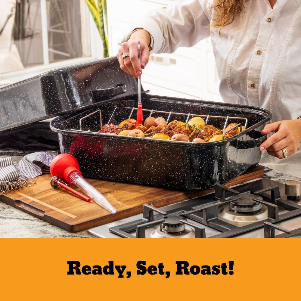 Granite Ware 25 lb Rectangular Roaster Set (10pcs), includes Lid, V-Rack, 2 pack brining bags, oven/grill-safe meat Thermometer, Turkey Baster with sylicon bulb, small brush