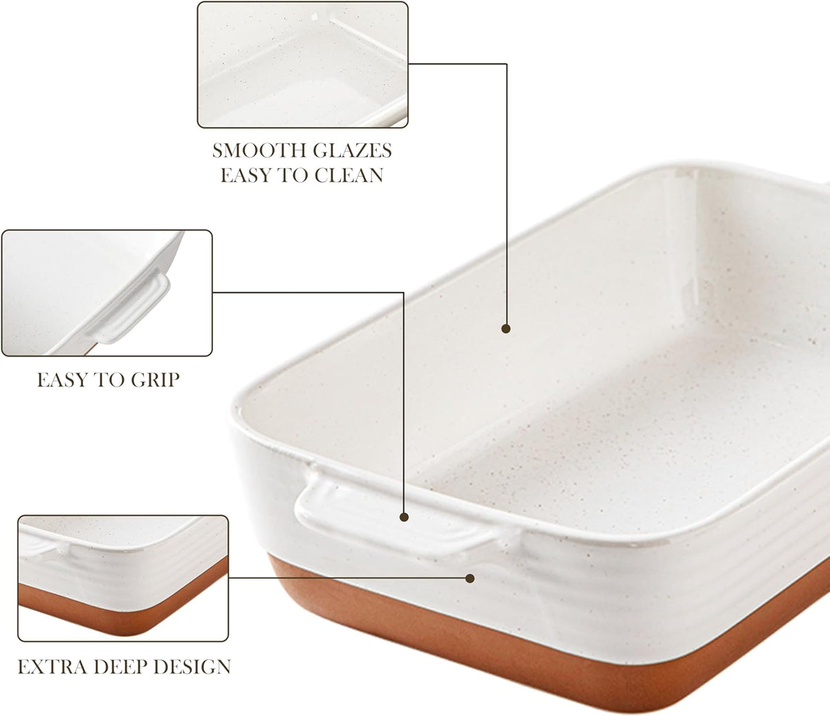 MALACASA Baking Dish 4.8 Qt Ceramic Casserole & Lasagna Pan, 9x13 Inch Deep Rectangular Oven Safe Dish with Handles for Baking, Roasting, Serving (Khaki & White) - Series Tara