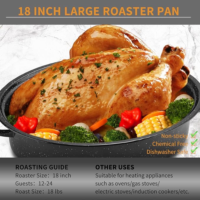 JY COOKMENT Granite Roaster Pan, 18' Enameled Roasting Pan with Domed Lid. Oval Turkey Roaster, Great for Chicken, Lamb, Vegetable. Dishwasher Safe Cookware Fit for 18Lb Turkey