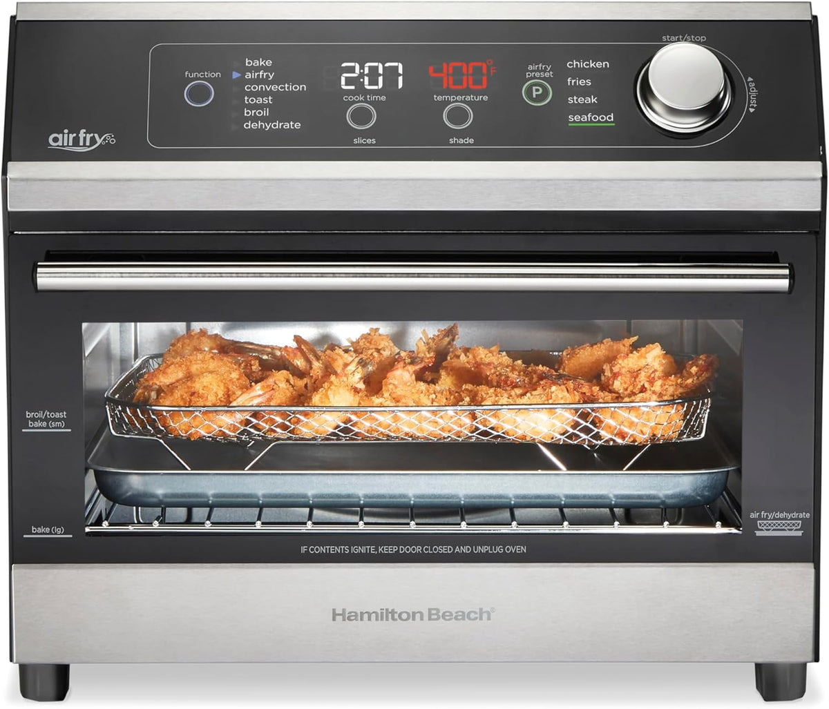 Hamilton Beach Digital Air Fryer Toaster Oven Combo, 10 Ways to Cook, 4 Preset Functions, Stay On & 1800 Watts, LED Capacitive-Touch Controls, 2 Rack Positions, Fits 12” Pizza, Black & Stainless Steel