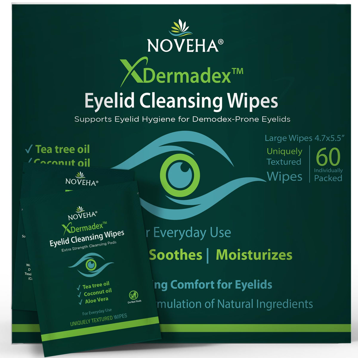 NOVEHA Demodex Eyelid & Lash Wipes | Box Of 60 Individually Wrapped Extra Strength Cleansing Eyelash Wipes - Battle Itchy & Irritated Eyes associated with Demodex Mites, Naturally Remove debris