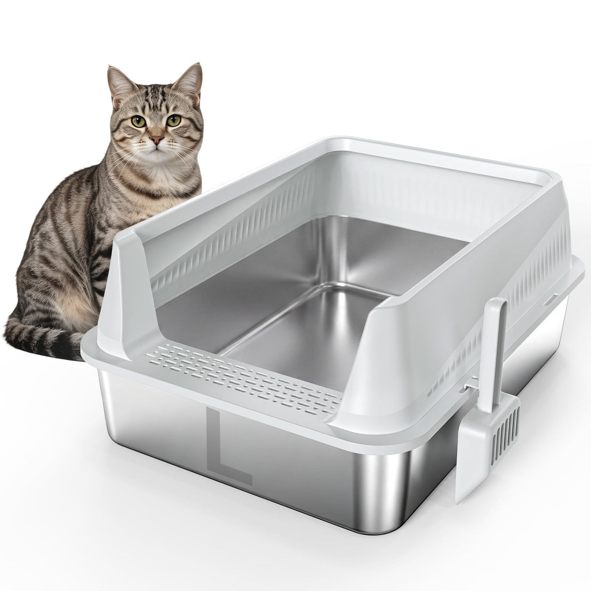 AIPERRO Stainless Steel Litter Box with Lid, High Sided Cat Litter Box