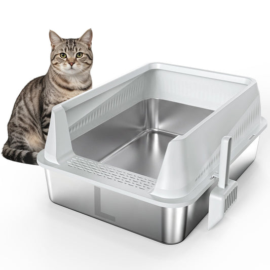 AIPERRO Stainless Steel Litter Box with Lid, High Sided Cat Litter Box