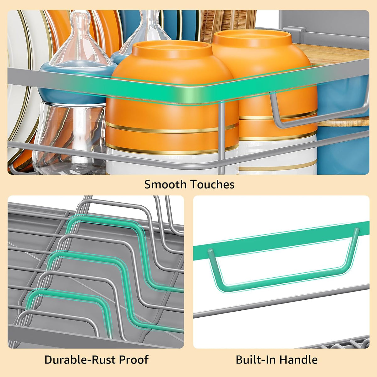 Dish Drying Rack for Kitchen Counter, Space-Saving Dish Rack, Multifunctional Dish Drainer Rack, Sink Kitchen Dishes Strainer, Dryer Rack with Drain Board, and Cutlery Holder,Small Size Gray