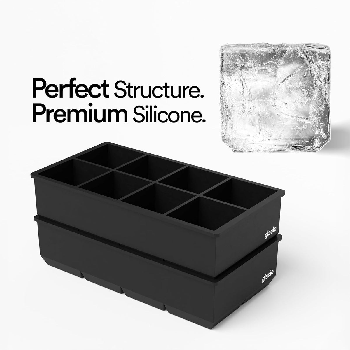 glacio Ice Cube Molds – 2-Pack Silicone Trays for 8 Large Square Cubes – Slow-Melt Ice for Whiskey, Cocktails, Coffee & More