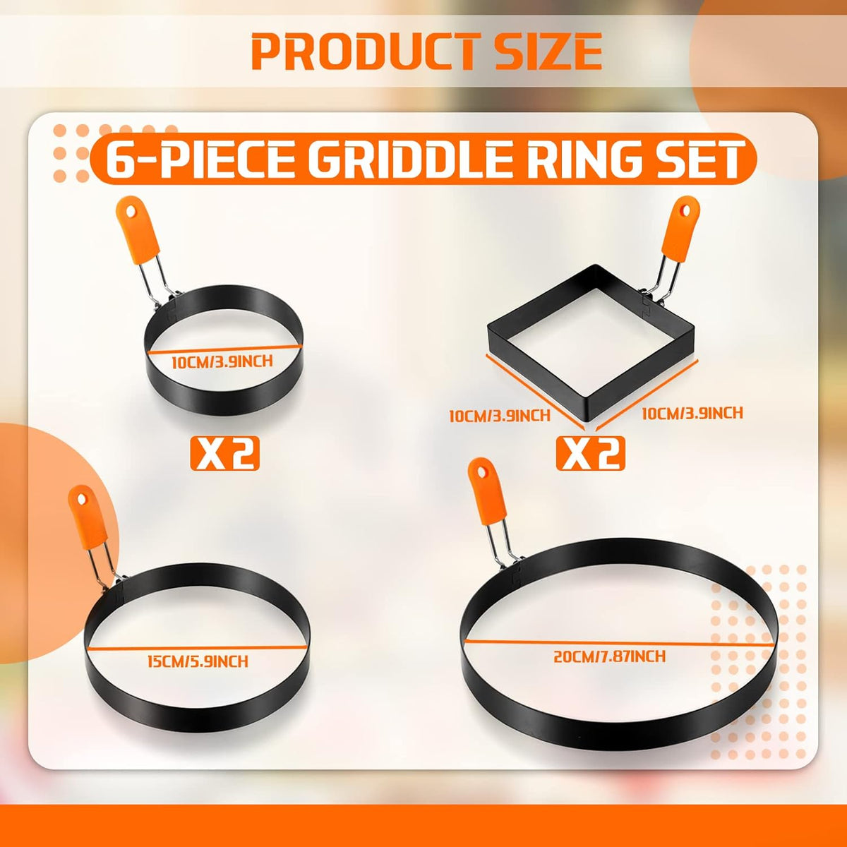 Patelai 6 Pcs Egg Ring Pancake Ring Set Stainless Steel Fried Egg Molds Griddle Pancake Shapers with Silicone Handle for Breakfast Omelette Sandwich(Square, Round,4 Inch, 6 Inch, 8 Inch)