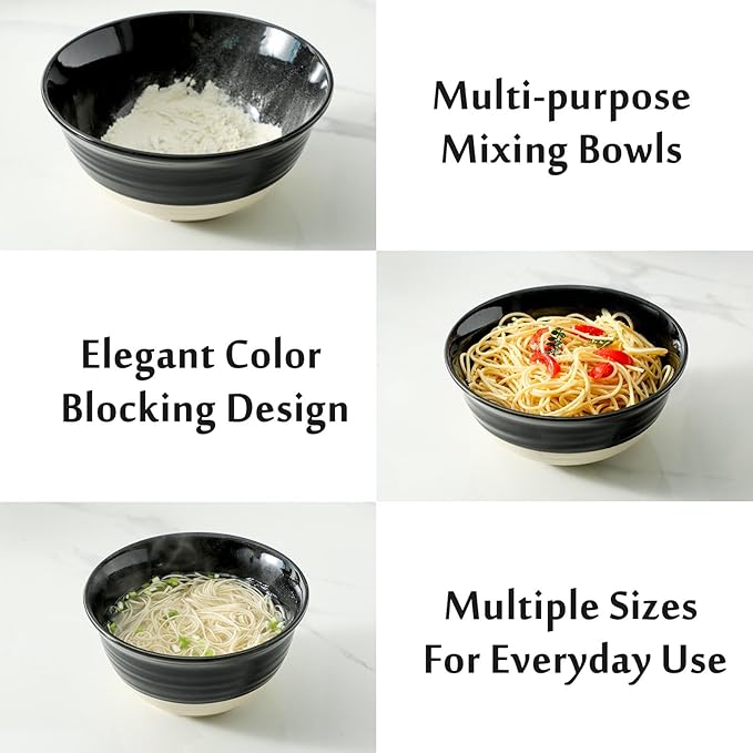 Hasense Large Ceramic Mixing Bowls, 2.1/1.5/1.0 Qt Salad Bowls for Kitchen, Versatile Serving Bowls for Cooking, Baking, Salad Mixing, Prepping, Nesting Black Bowl Set of 3, Dishwasher Microwave Safe