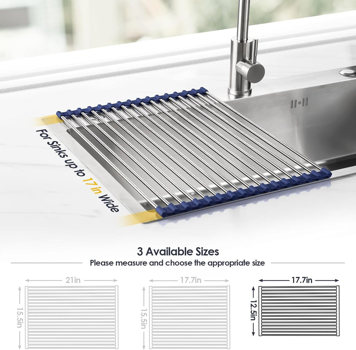 Tomorotec 17.7" x 12.5" Roll Up Dish Drying Rack Over Sink Drying Rack Sink Cover Kitchen Sink Accessories Gadget Multipurpose Organizer Foldable Stainless Steel Drainer