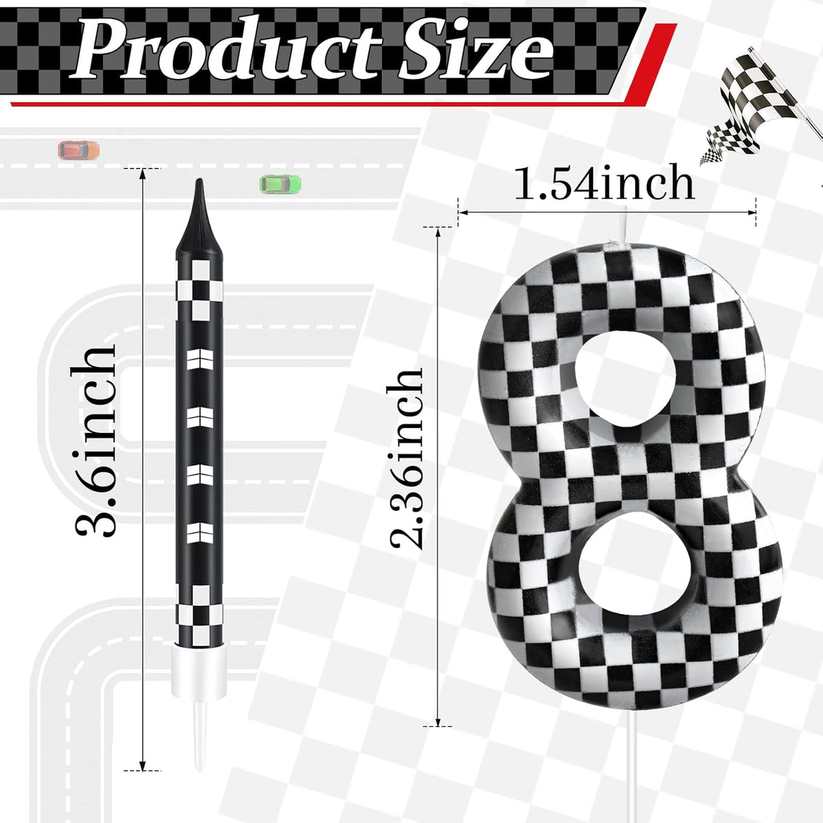 13 Pcs Racing Cars Themed Birthday Candles Black and White Race Number 8 Checkered Candle Cake Topper for Racing Car Party Decoration Supplies (Number 8)
