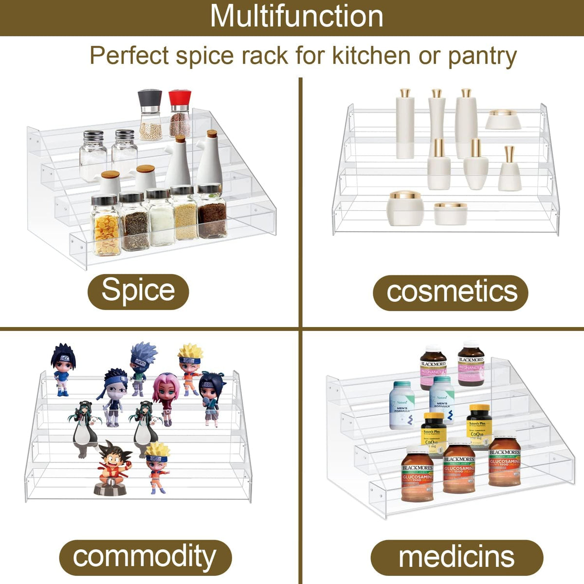 WUIVIUT Spice Rack Organizer For Cabinet, 1 4/5 in/Tier Acrylic Tiered Spice Shelf Can Storage Organizer for Kitchen Pantry Countertop
