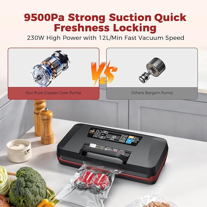 95kPa Vacuum Sealer Machine,Commercial Fully Automatic Food Sealer,10-in-1 Functions & Powerful Sealing System with Double Heat Seal,Easy-Lock Handle,Built-in cutter,1 Bag Rolls,10 Pre-cut Bags