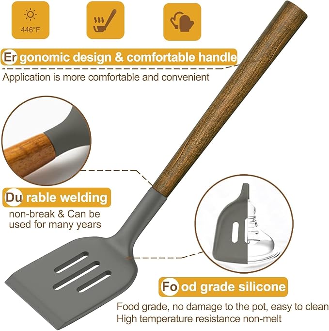 Umite Chef Silicone Cooking Utensil Set, 8-Piece Kitchen Utensils Set with Natural Acacia Wooden Handles,Food-Grade-Silicone Kitchen Gadgets and Spatula Set for Nonstick Cookware - Grey