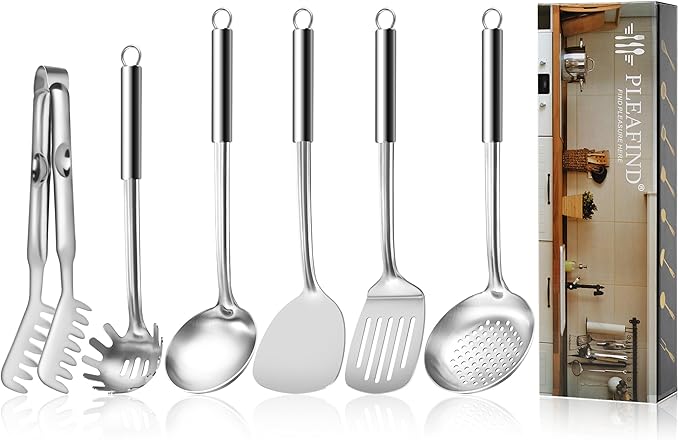 Pleafind Stainless Steel Cooking Utensils Set, 6 Pcs Heat Resistant Kitchen Utensils Set, Nonstick Kitchen Tools for Cooking, Baking, Metal Spatula Set for Chef, Dishwasher Safe
