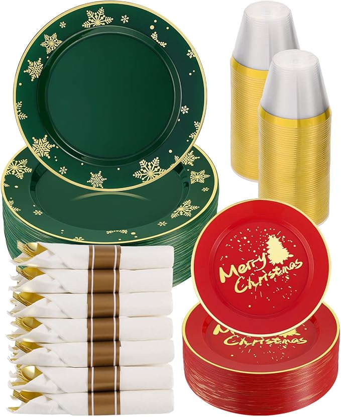 Goodluck 350 Piece Christmas Plates Sets for 50 Guests, Christmas Tableware Disposable for Party, Include 100Plates, 50Pack Pre Rolled Napkins with Silverware, 50Cups for Party, Wedding, Graduation