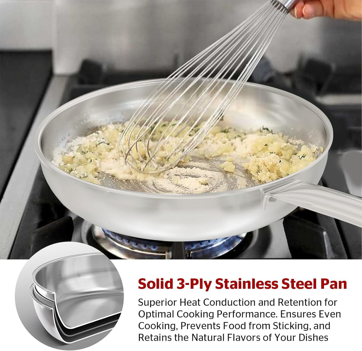 Sunhouse 18/10 11 Inch Stainless Steel Frying Pan, Whole-Clad No Coatings Skillet with Stay-cool Handle for Cooking, Durable & Oven Safe to 500°F, Dishwasher Safe, Compatible with All Cooktops