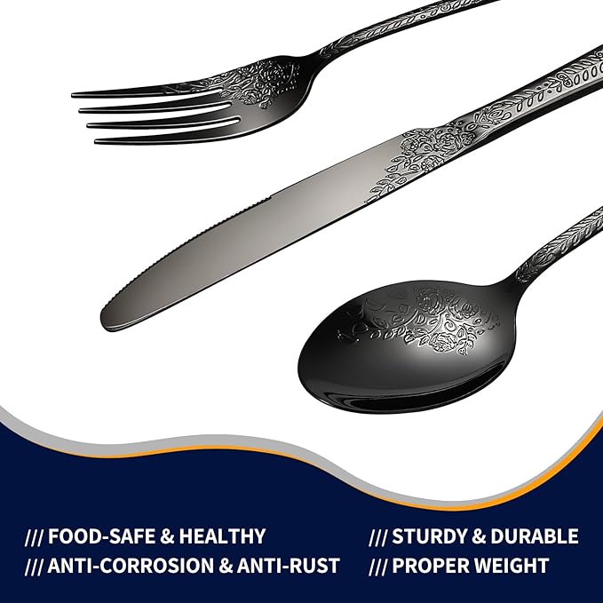 Floral 20 Pcs Black Silverware Set for 4, Food Grade Stainless Steel Flatware Set with Rose Flower Embossed Design, Eating Utensils Sets Include Fork/Knife/Spoon, Reusable Cutlery Set, Dishwasher Safe