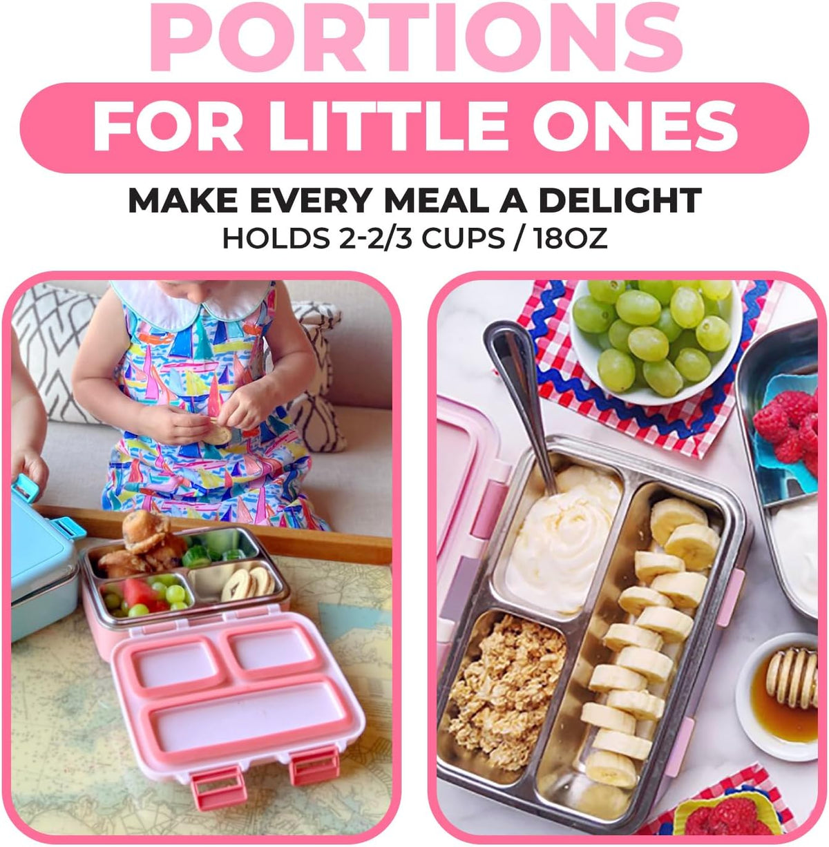Stainless Steel Lunch Box for Baby Toddlers Girls, Mini Bento, 3 Eco Metal Portion Sections Leakproof Lid, Pre-School Daycare Lunches, Toddler Kids Spill-Proof Snack Container, 18 oz/550 mL Pink