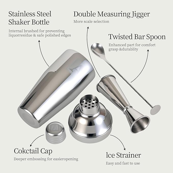 24oz Cocktail Shaker Set with 1 oz 2oz Jigger - Monogramm Initials Martini Shaker Set - 304 Stainless Steel Bar Shaker for Margarita,Mojito-Personalized Gift for Friend,Husband -L