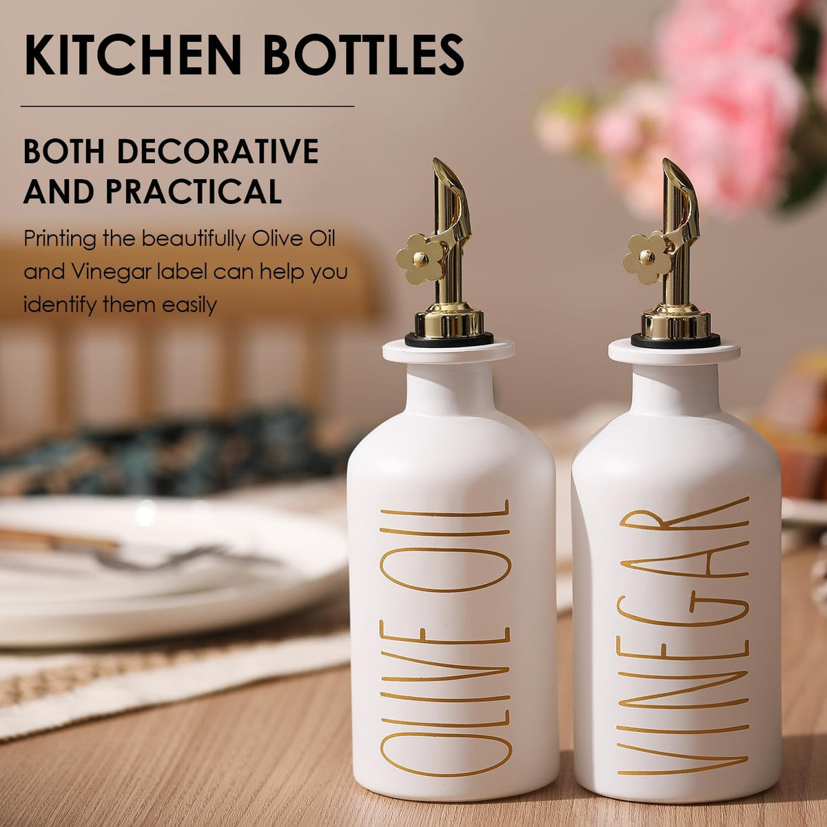 HOMCDALY Premium Olive Oil Dispenser for Kitchen, 11.8oz Glass Oil Bottles with Bamboo Tray, White and Gold Oil&Vinegar Cruet Set, Kitchen Dispenser Bottles with Pourer| Set of 2 (11.8oz –P–Gold)