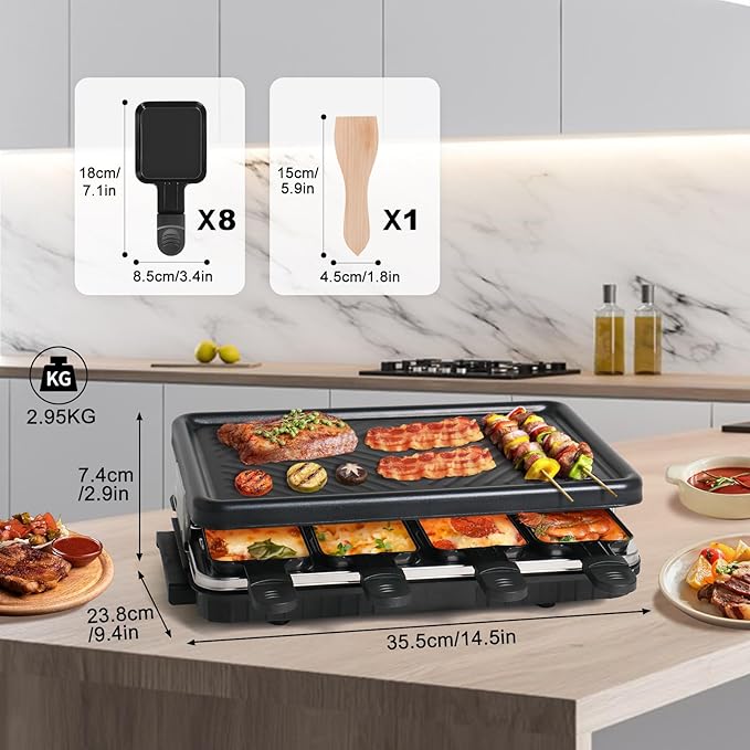 Electric Raclette Grill & Korean BBQ - 8 Non-Stick Cheese Trays, 1300W with Temperature Control, Dishwasher-Safe Indoor Grill for Family Gatherings & Interactive Dinner Parties
