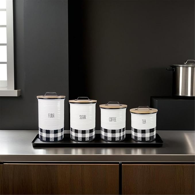 Young's Inc. 4 Pcs Set Plaid with Bamboo Lids Ceramic Canisters- Storage Container for Kitchen and Bathroom - Beautiful Home Decor Accent to Store Food, Coffee, Tea, and More - Black, White