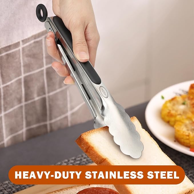 TACGEA Stainless Steel Kitchen Tongs, Silicone Non-slip Grip, Locking Grilling Food Tongs Set of 2, 9-inch & 12-inch