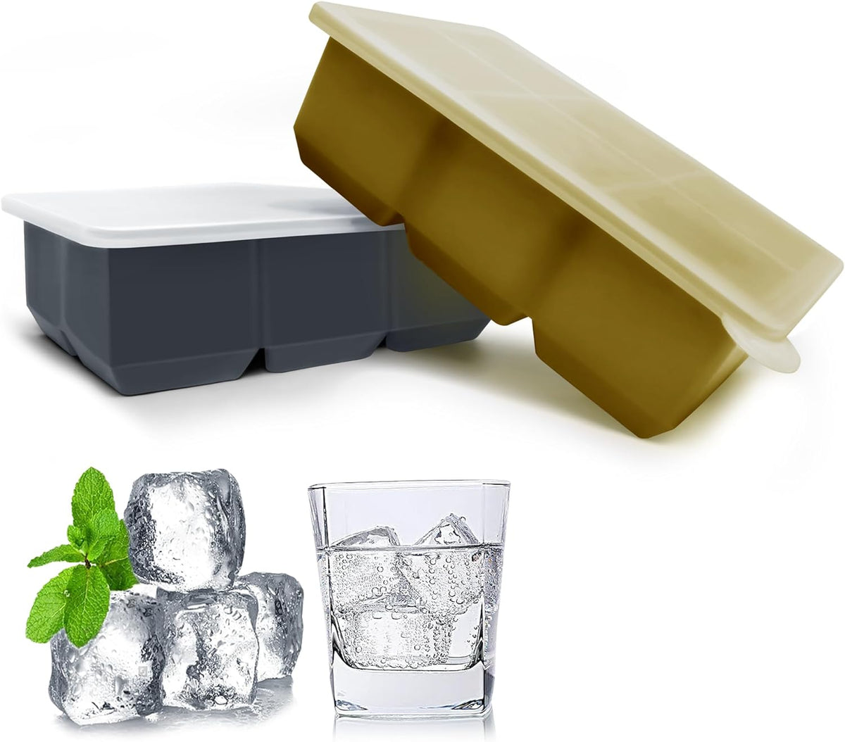 Silicone Ice Cube Trays with Lids,Large Square Ice Cube Molds for Freezer, Whiskey, Cocktail, Stackable Flexible and Reusable & Easy Release BPA Free (2 Pack&Dark Gray and Army green)