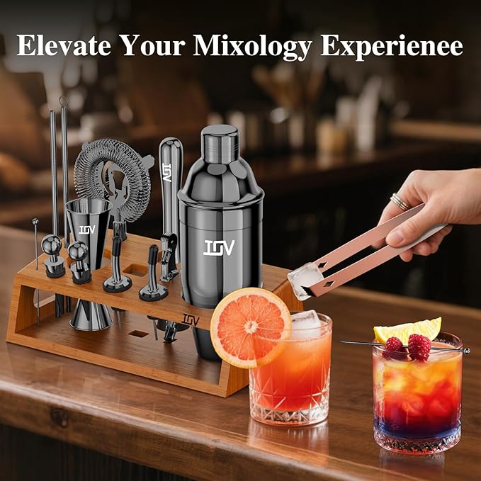IOV Cocktail Shaker Set Bartender Kit with Stand | Bar Set Drink Mixer Set Includes Martini Shaker, Jigger, Strainer, Mixing Spoon, Muddler, Recipe Book | Home Bar Accessories Gift Set (Black)