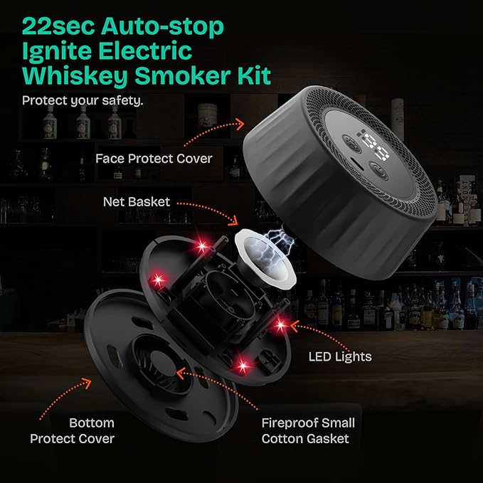 Electric Whiskey Smoker Kit with Led Lights, 4 Reusable Ice Cubes and 6 Flavors Natural Wood Chips, Old Fashioned Bourbon Smoker Kit for Home Bar, Bourbon Whiskey Gifts for Men, Dad, Husband