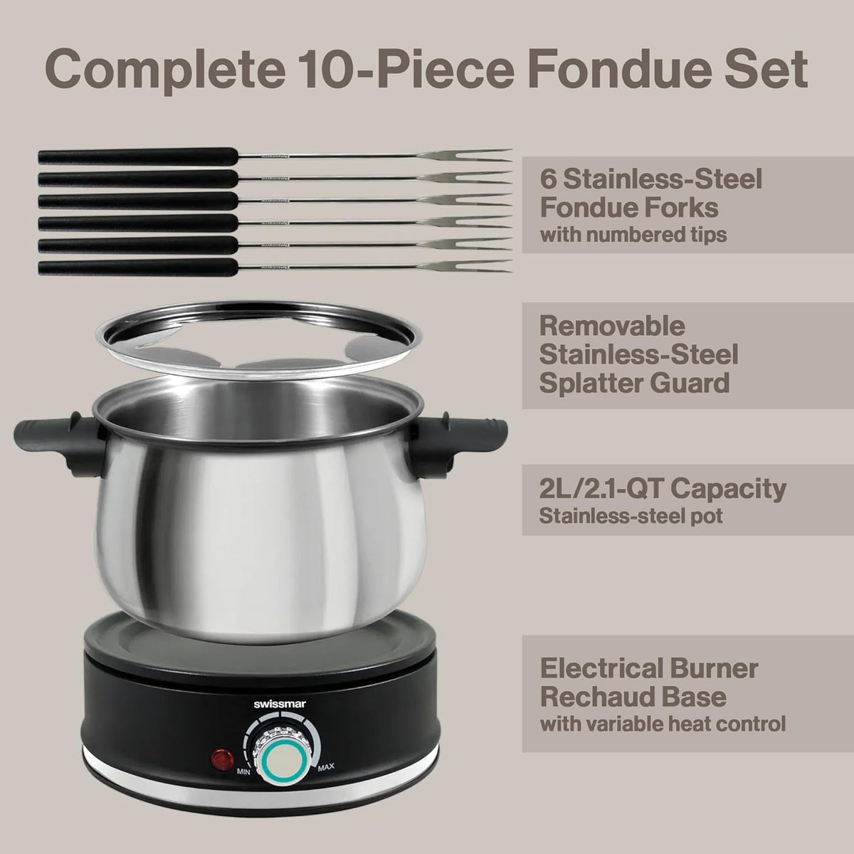 Swissmar Arolla 10 Pieces Stainless Steel Electric Fondue Set - Perfect Fondue Pot Electric Set for Cheese, Caramel, Chocolate, Oil, Broth & More - Gift Ideas for Wedding, House Warming, 2.1 Qt / 2L