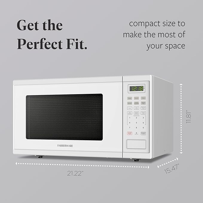 Farberware 1.1 Cu. Ft. Countertop Microwave Oven – 1000 Watts Power, Auto Cook Settings, Defrost, Easy Clean and Child Safety Lock - White