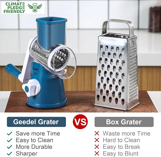 Geedel Rotary Cheese Grater, Kitchen Mandoline Vegetable Slicer with 3 Interchangeable Blades, Easy to Clean Rotary Grater Slicer for Fruit, Vegetables, Nuts