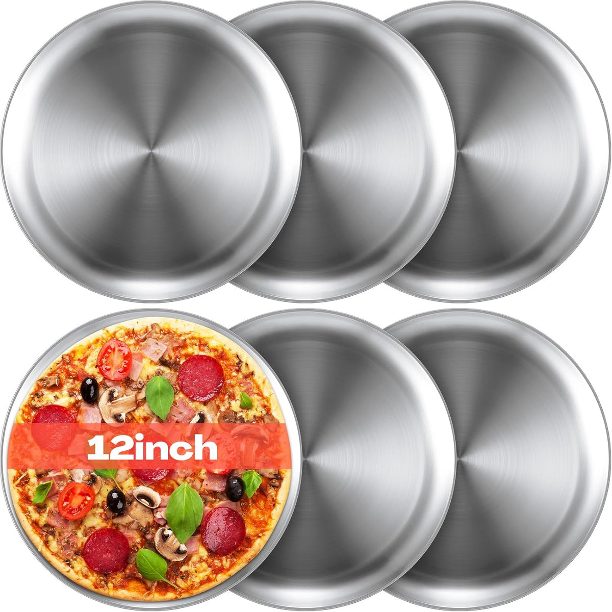 Thenshop 6 Pieces 12 Inch Pizza Pans Bulk Stainless Steel Sets Round Bakeware Pizza Trays for Oven Kitchen Baking Home Restaurant Safe Sturdy Reusable Easy Clean
