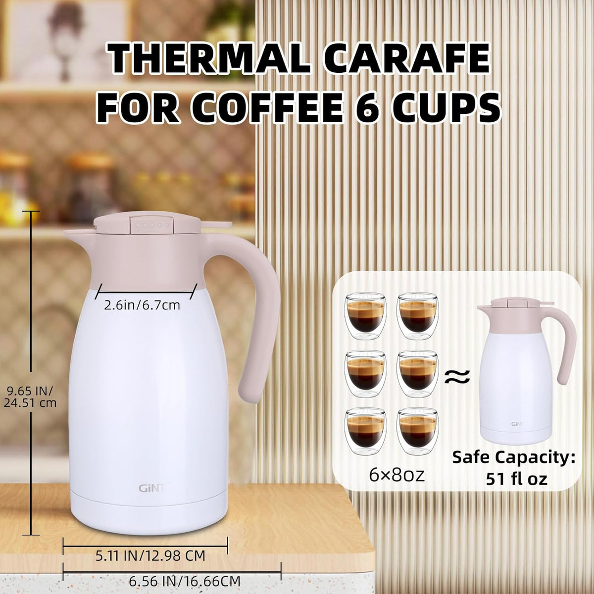 GiNT 50.7 Ounces Stainless Steel Thermal Coffee Carafe with Lid/Double Walled Vacuum Thermal Carafe / 12 Hour Heat Retention (White, 1.5L)