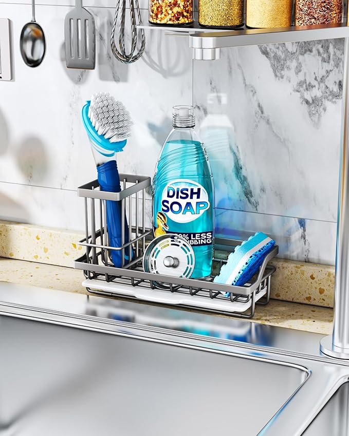 Consumest Sponge Holder for Kitchen Sink, Sink Caddy Organizer with Removable Drip Tray, Countertop Dish Soap Holder and Brush Holder, 304 Stainless Steel - Sand Nickel