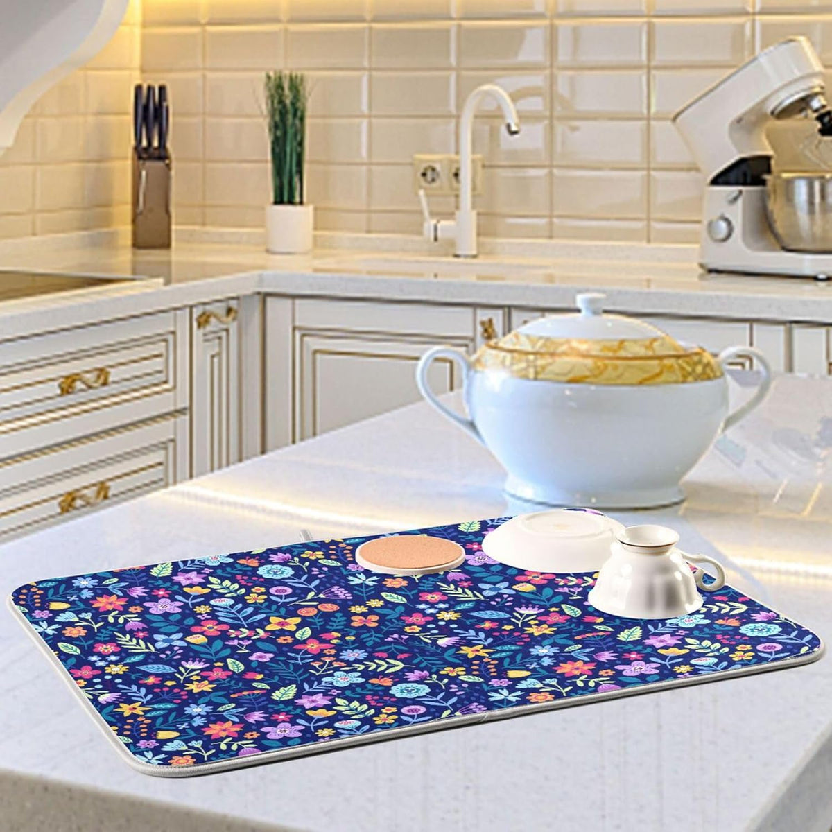 Cute Floral Flowers Dish Drying Mat for Kitchen Counter Absorbent Microfiber Drying Pad, Medium 16x18 in, Reversible Drainer Mats