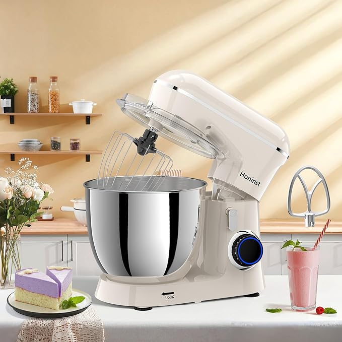 Honinst Stand Mixer, 6.5QT 10-Speed Tilt-Head Electric Stand Mixer, 3-In-1 Kitchen Mixer with Bowl, Dough Hook, Whisk and Beater, Food Mixer for Baking, Cake and Most Home Cooks, Beige