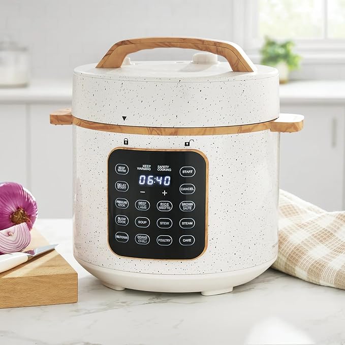 Pioneer Woman Linen Speckle 6QT Pressure Cooker with Touch Control Display – Programmable Multi-Cooker, Slow Cook, Sauté, Rice, Steamer & Warmer – Stylish Kitchen Essential