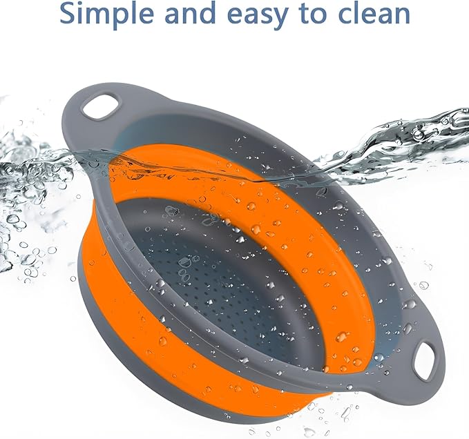 Silicone Colander Collapsible Strainers Set for Kitchen- 2 Pack (3Qt, 4Qt) -Over Home Draining Basket, Food Vegetables & Fruits-Dishwasher Safe, Space Saving Design (Orange)