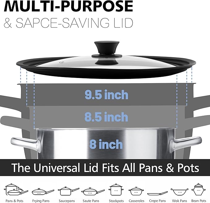 Anaeat Silicone Universal Lid for Pots, Pans and Skillets - Tempered Glass Covered with Heat Resistant Silicone Rim Fits 8", 8.5" and 9.5" Diameter Cookware -Easy to Use Replacement Frying Pan Cover