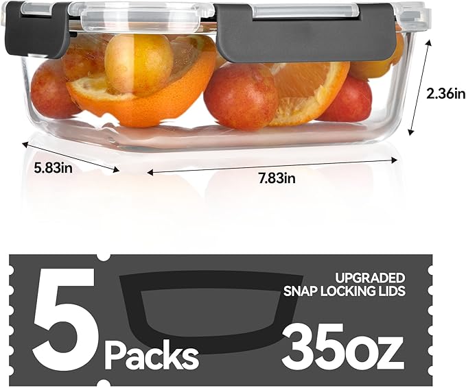 BAYZZ Glass Food Storage Containers, 5 Pack 35 Oz Glass Meal Prep Containers, Lunch Boxes with Airtight BPA-Free Lids, Microwave, Freezer and Dishwasher Safe