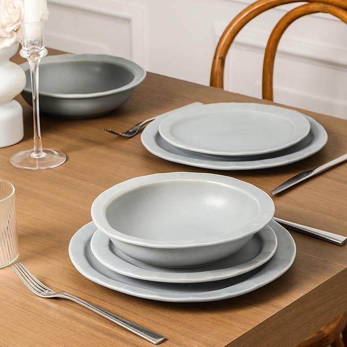 Stone Lain Oasis 12-Piece Dinnerware Set Stoneware, Dishwasher and Microwave Safe Plates and Bowls Set, Dish Set for 4, Grey Blue