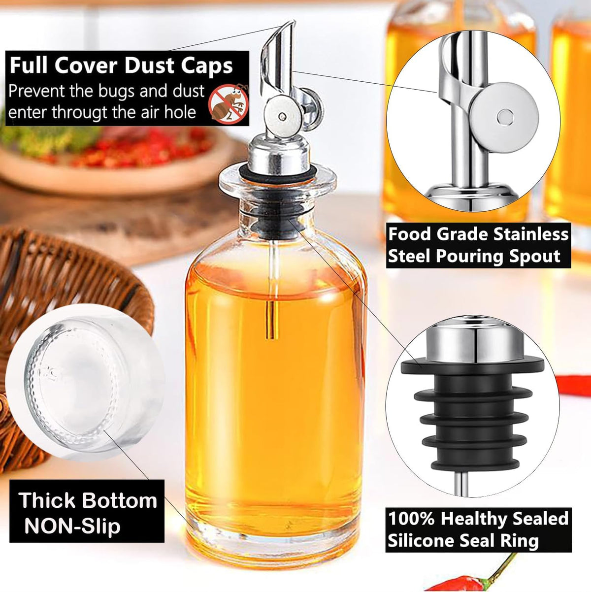 Pafusen 2 Pack Auto Flip Olive Oil Dispenser Spout, Liquor Pour Spout, Oil Dispenser Top, Easily Turn Your Bottles into Dispensers for Liquor, Vinegar, Oils, Weighted Pourer, Silvers