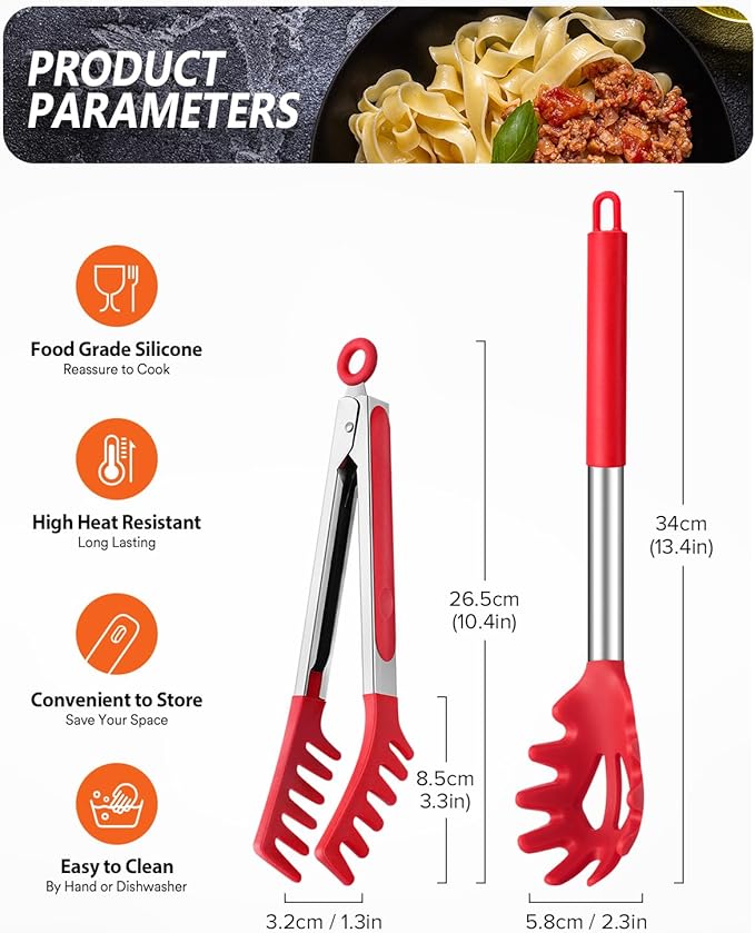 Silicone Spaghetti Spoon & Pasta Tong, Non-Stick Stainless Steel Handle Pasta Fork Set with Teeth, Food Clip for Easy Serving of Noodles (Red)
